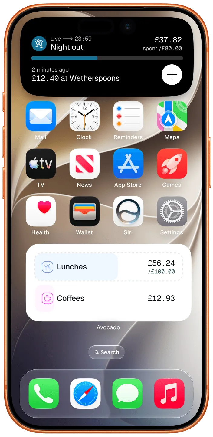 An iPhone home screen with an Avocado Live Activity at the top and an Avocado widget showing Lunches and Coffees.