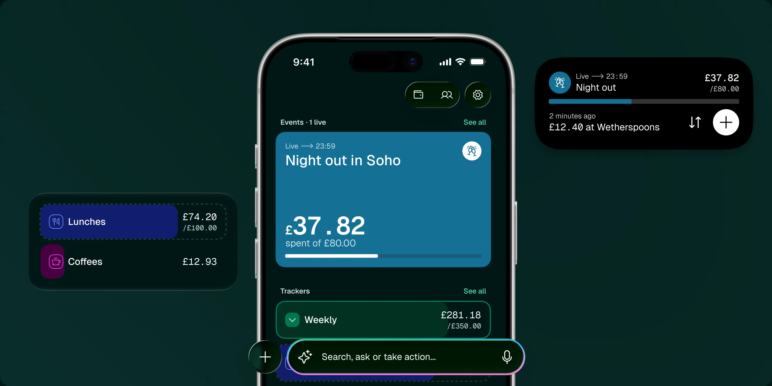 Avocado on iPhone: a live event budget showing what's left, with tracker balances beside it and a Live Activity on the lock screen.